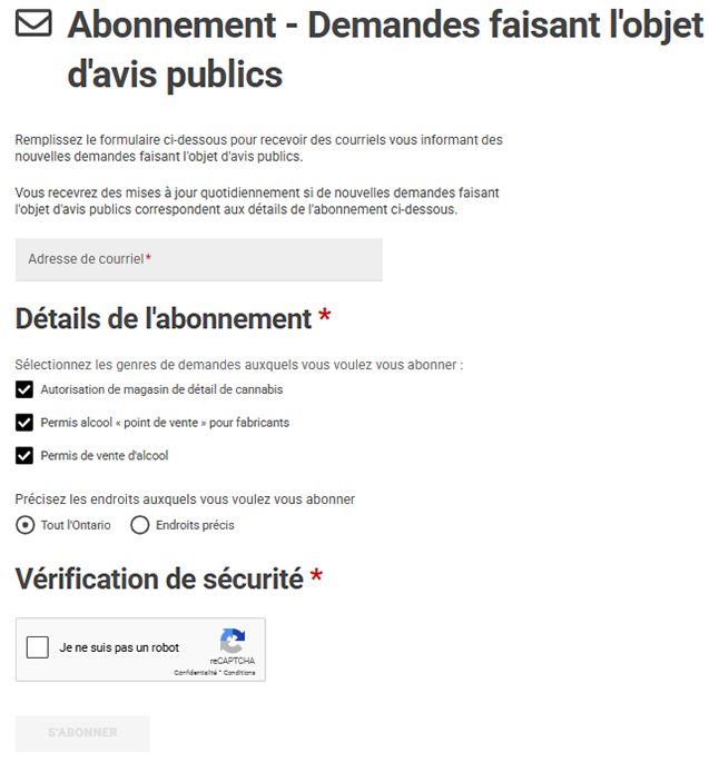 Une capture d’écran du formulaire d’abonnement