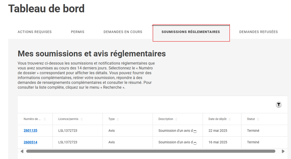 Une capture d'écran de l'onglet Soumission réglementaire sur le Tableau de bord sur l'alcool