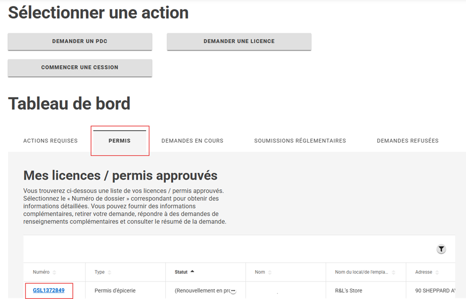 Une capture d'écran de l'onglet Licences/Permis sur le Tableau de bord de l'alcool