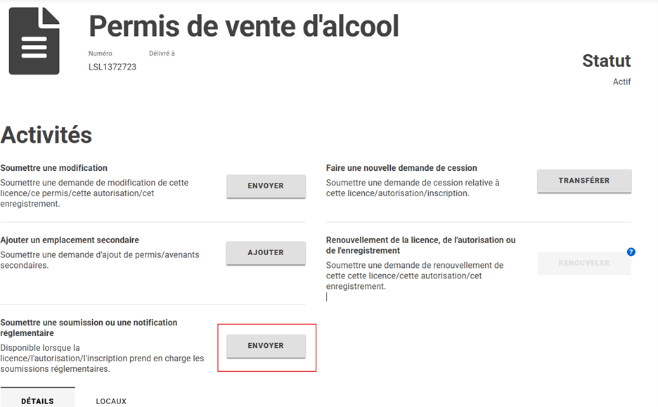 Une capture d'écran de la page de licence de vente d'alcool