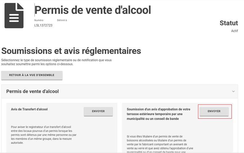 Une capture d'écran de la page des Soumissions et Notifications Réglementaires