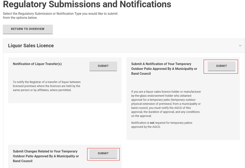 A screenshot of the Regulatory Submissions and Notifications page