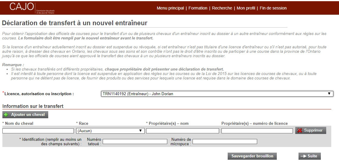 Image du menu d’information sur le transfert montrant le bouton « Ajouter un cheval ».