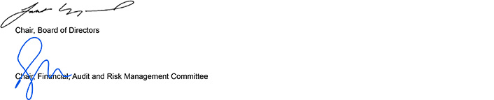 Signatures from the Chair, Board of Directors and Chair, Financial, Audit and Risk Management Committee