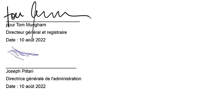 Signatures of Tom Mungham C.E.O. & Registrar and Joseph Pittari C.A.O. August 10, 2022