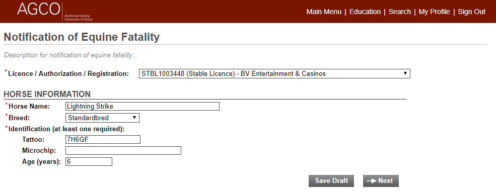 Image of Notification of Equine Fatality menu with licence dropdown and horse information section.