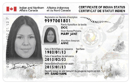 Front Face of Secure Indian Status Card (Canadian)