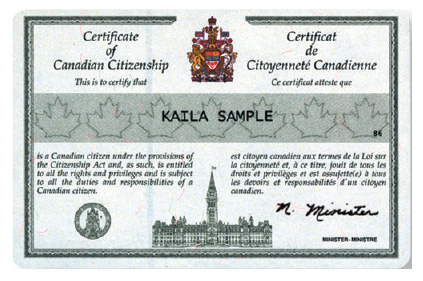 Reverse face of Canadian Citizenship Card with a photograph