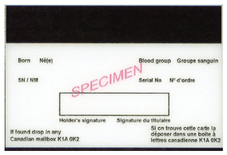 Reverse Face of Canadian Armed Forces Identification Card