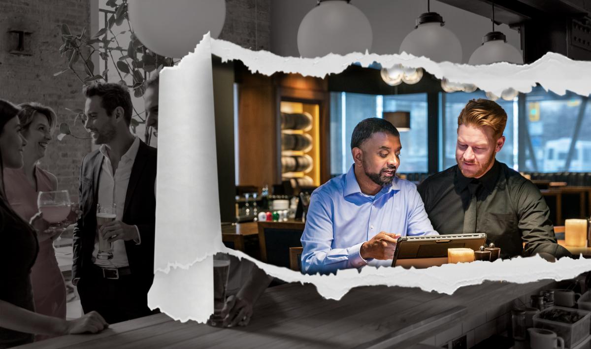 Background image of people talking in a restaurant. Foreground image showing an AGCO inspector talking with a restaurant owner.