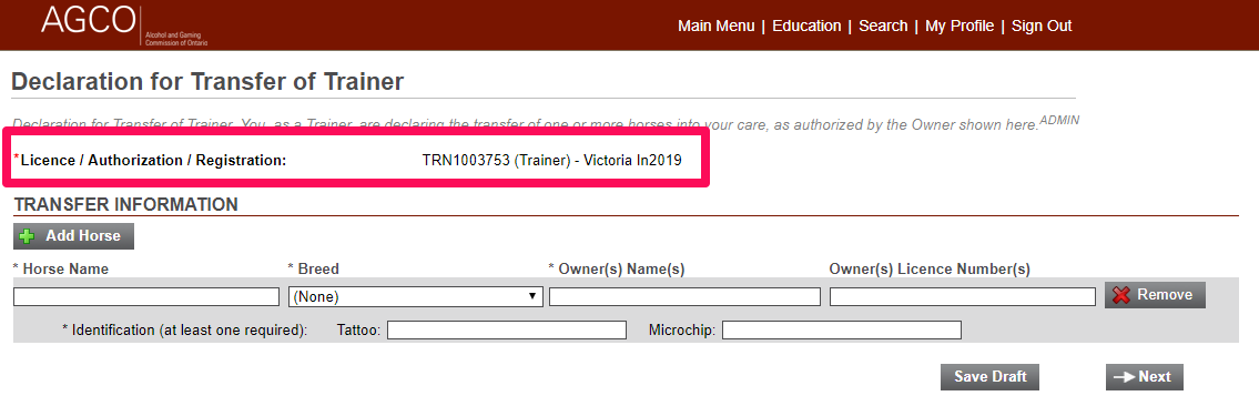 Image of Declaration for Transfer of Trainer, licence dropdown menu