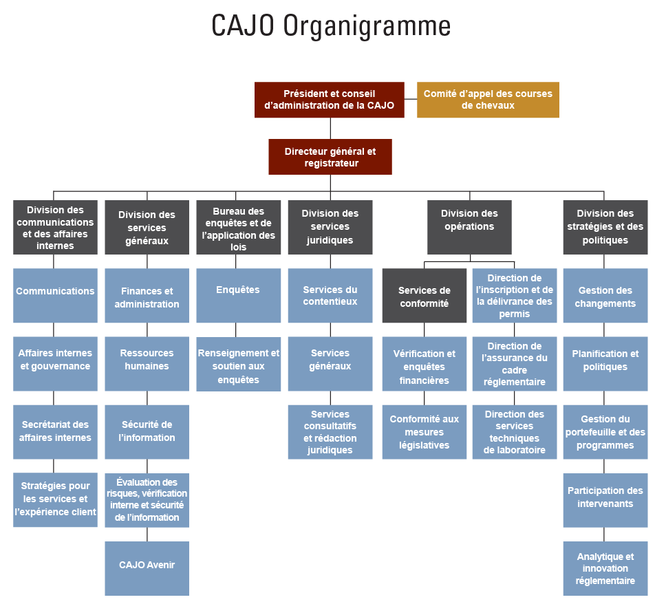 Structure organisationnelle présentant les divisions de la CAJO et le BEAL.