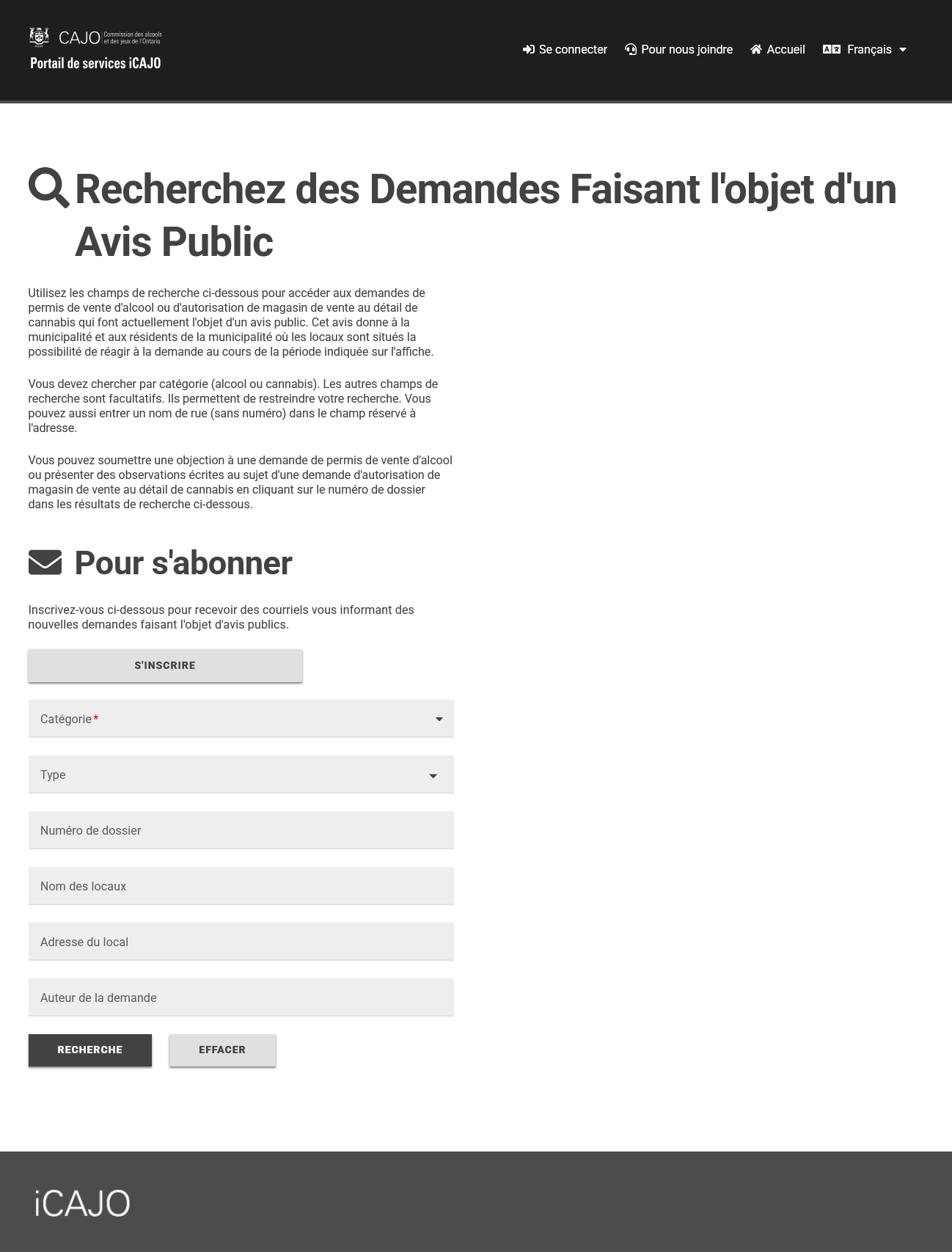 Capture d'écran du formulaire d'inscription aux mises à jour des nouvelles applications faisant l'objet d'un avis public.