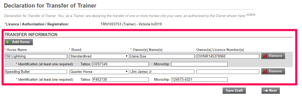 Screen capture of iAGCO website. Transfer Information section where user can input horse information is highlighted.