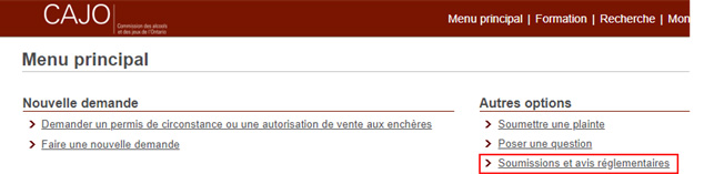 Capture d’écran du site Web. L’hyperlien « soumissions et avis réglementaires » est surligné. 