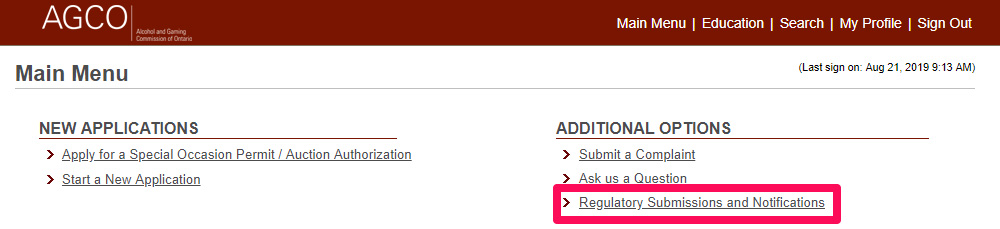Screen capture of iAGCO website. Highlighted is the Regulatory Submissions and Notifications hyperlink underneath the Additional Options heading.