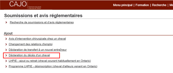 Capture d’écran du site Web. L’hyperlien « Déclaration du décès d’un cheval » est surligné