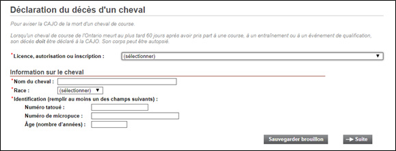Capture d’écran du site Web : Déclaration du décès d’un cheval. La page avec le formulaire sur le cheval est affichée.
